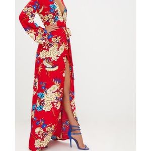 red floral print kimono maxi dress